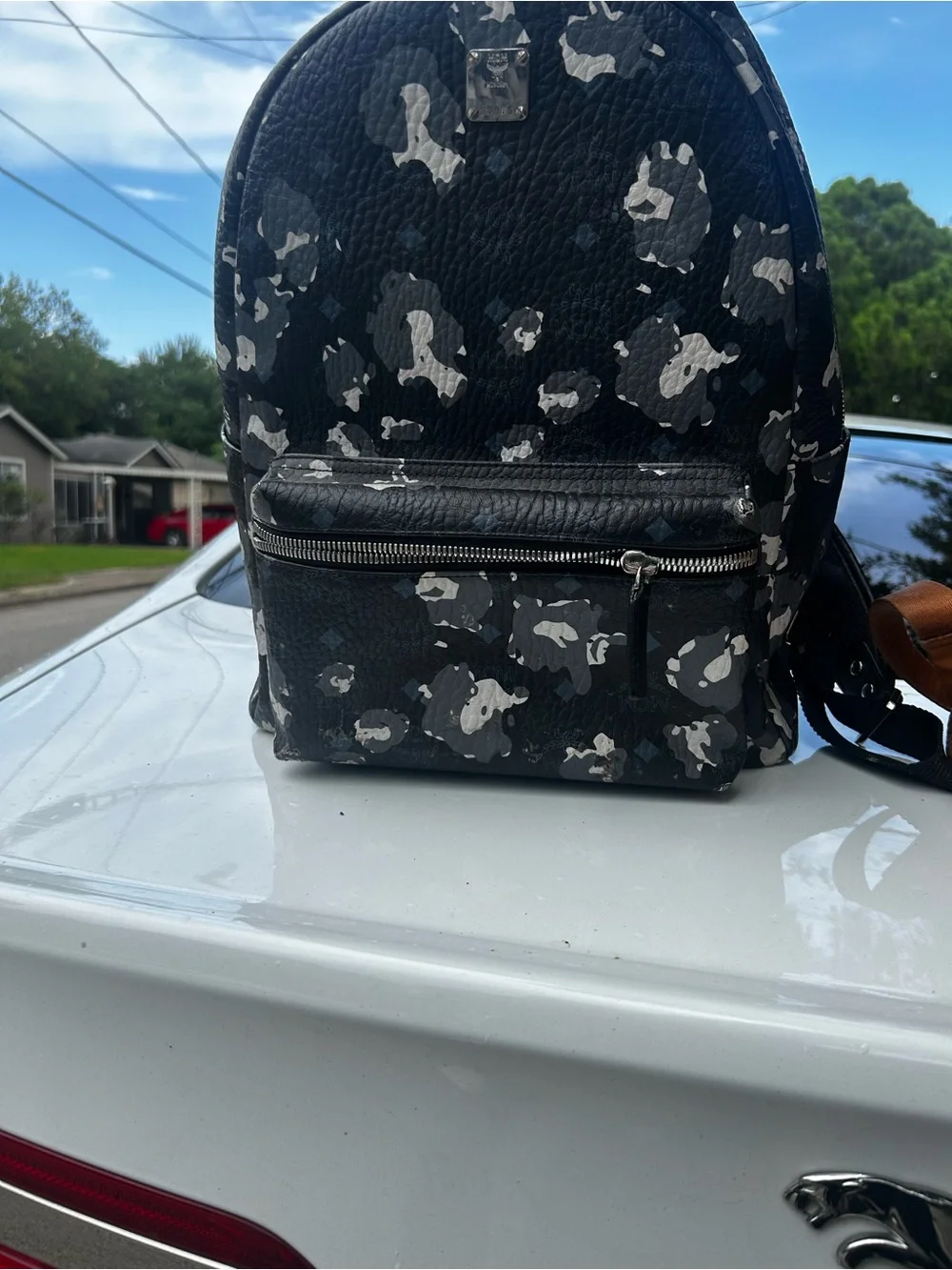 MCM Black Backpack with Gray & White Camo Accents